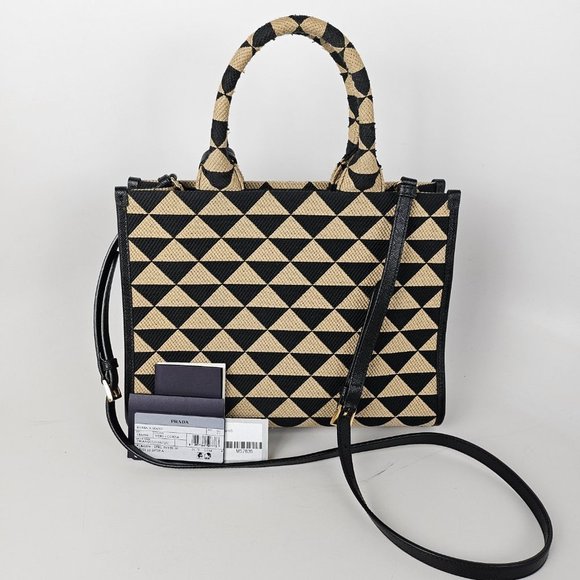 Prada Fabric Embroidered Saffiano Small Symbole Tote Nero Corda - Picture 2 of 6